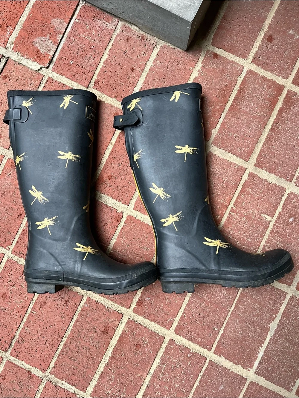 Joules Women’s Welly Black Rain boots with Gold Dragonflies size 9